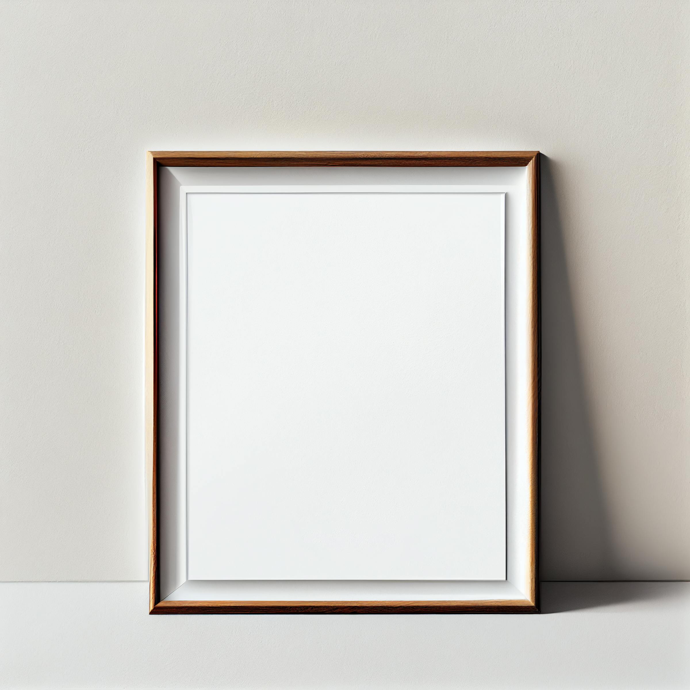 Empty oak picture frame leaning against a warm neutral wall, used as the base PSD for an Etsy quote-print listing batch