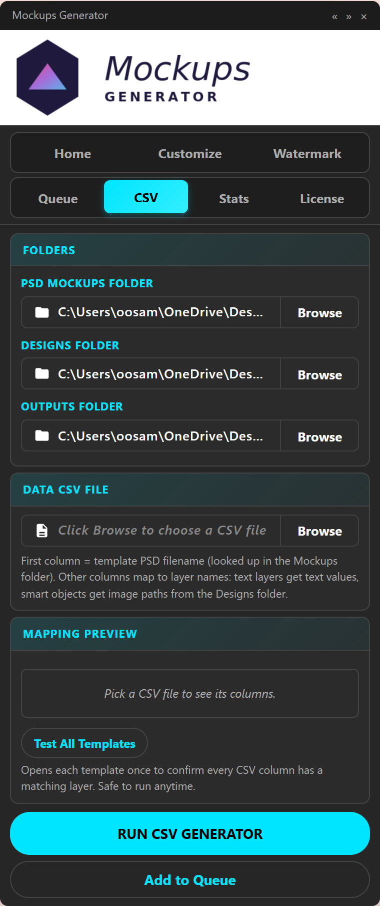 Mockups Generator CSV tab: three folder pickers, the CSV file selector, and the mapping preview
