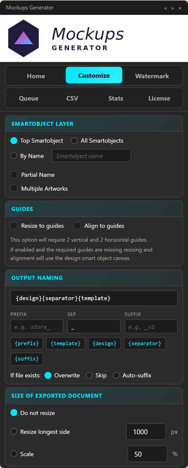 Customize tab
